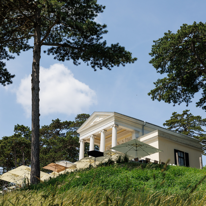Die klassizistische Gloriette thront auf einer Anhöhe im Schlosspark von Eisenstadt im Burgenland. Umgeben von hohen Kiefern und einer gepflegten Grünanlage bietet das historische Bauwerk einen besonderen Aussichtspunkt. | © Eisenstadt2026_0042©BurgenlandTourismus_MariaHollunder