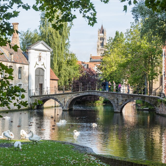Steinbrücke über dem Minnewater in Brügge, umgeben von Schwänen, Bäumen und historischen Häusern. | © Piet de Kersgieter – Brügge, Blick auf Wijngaardbrug
