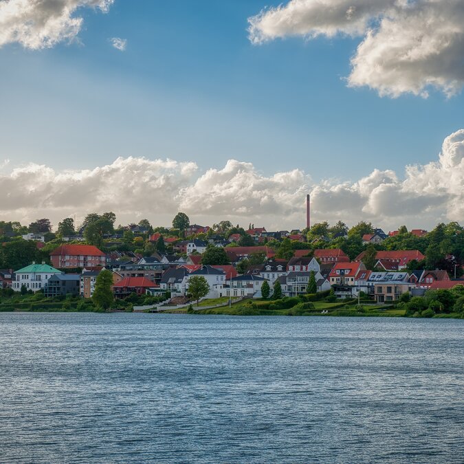 Blick über den Koldingfjord in Dänemark, wo das Lyshøj Fjordbad mit seiner langen Holzbadebrücke Besuchende zum Schwimmen und Sonnen einlädt | © Shutterstock / 2523433317